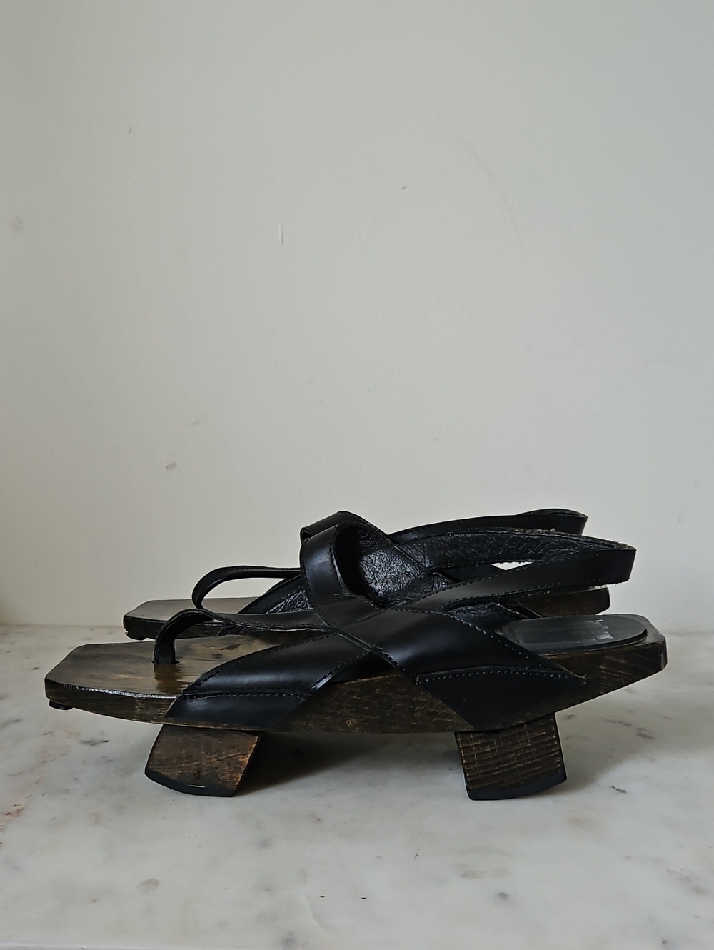 JOHN FLUEVOG: Black Leather Handmade Wooden Platform Sandals